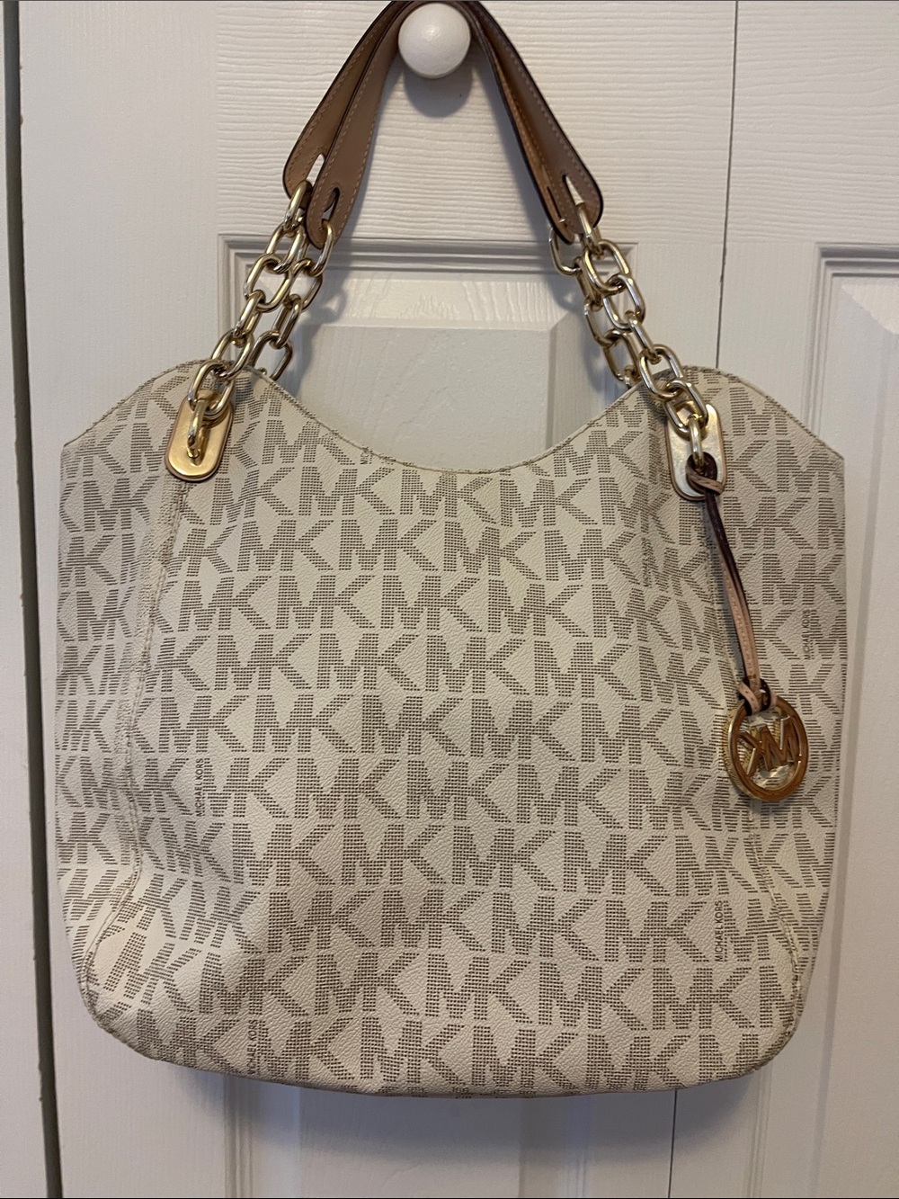 Michael Kors Cream Logo Shoulder Tote with Gold Hardware,wallet and storage bag